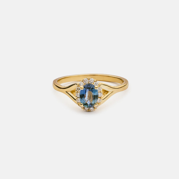 Theresa split halo signature sapphire 14k gold ring