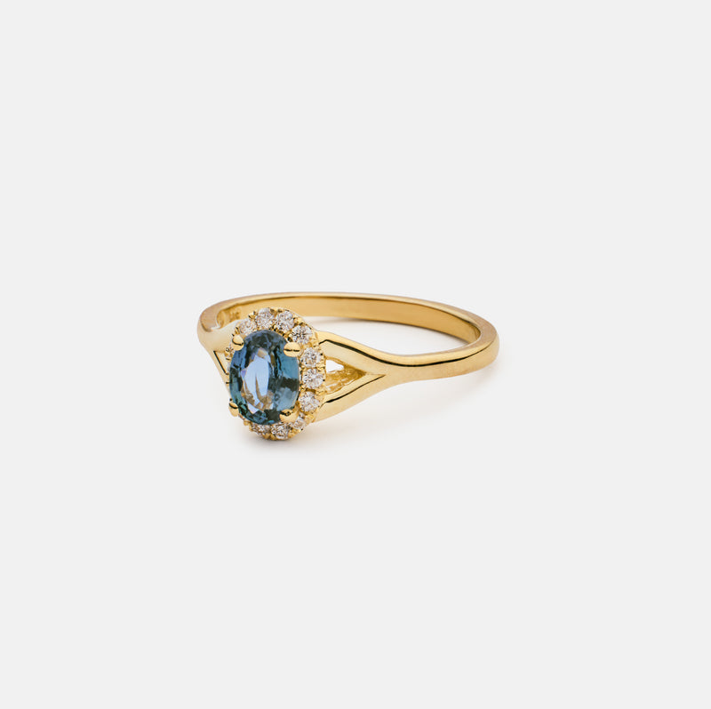 Theresa split halo signature sapphire 14k gold ring