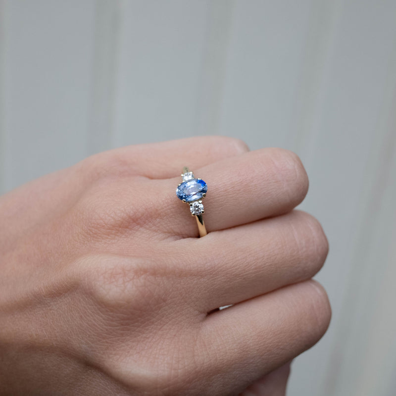 Oval sapphire trilogy rings with natural diamonds