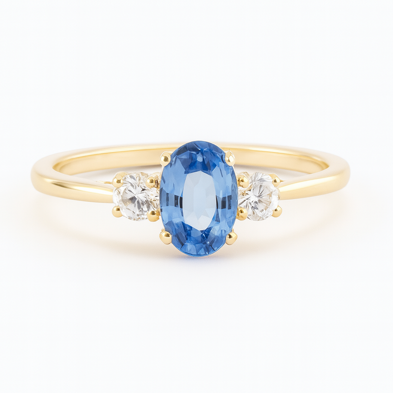 Oval sapphire trilogy rings with natural diamonds
