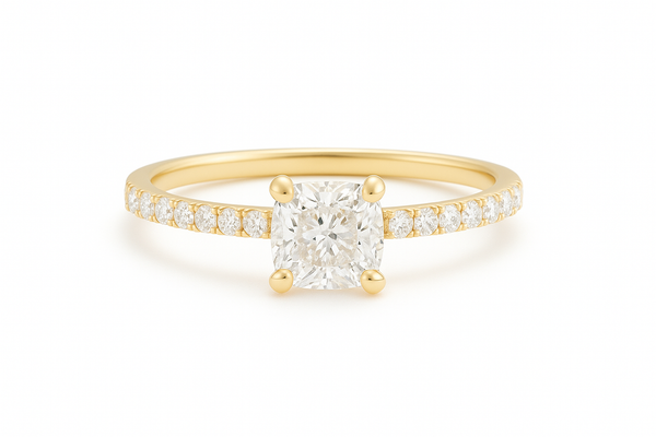 cushion cut diamond ring with pave set diamonds on ring