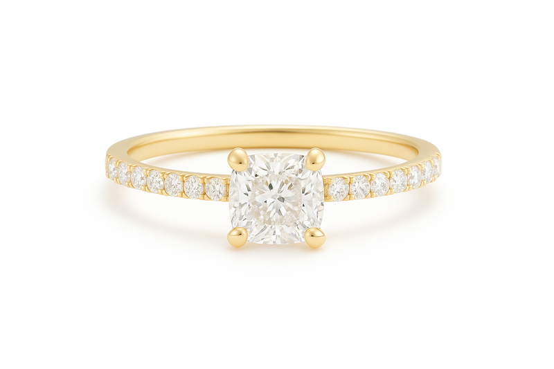 cushion cut diamond ring with pave set diamonds on ring