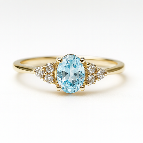 gold engagement ring with a blue gemstone on a white background. Sapphire. and diamond in 14 carat gold engagement ring